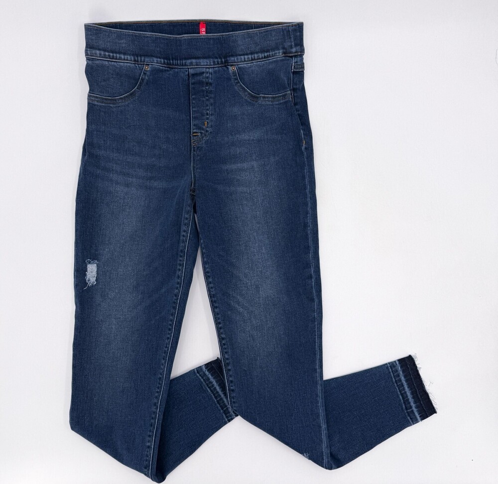 Spanx Legging Womens Medium Blue Pull-On Skinny Jeggings Raw Hem Stretch Ankle